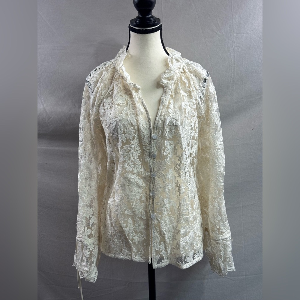 Boho Embroidered Lace Mesh Sheer Blouse Beige - Picture 7 of 8